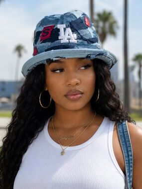 Patchwork Denim LA Hat - Blue
